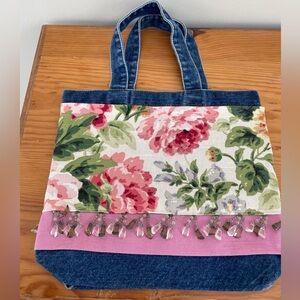 Vtg Y2K HotTeaBags Denim & Floral Tote Bag Boho Shabby Chic Beaded Fringe